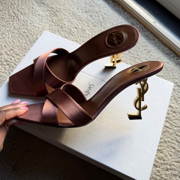 Saint Laurent Opyum YSL Logo-Heel Satin Slide Sandals - Picture 4 of 7